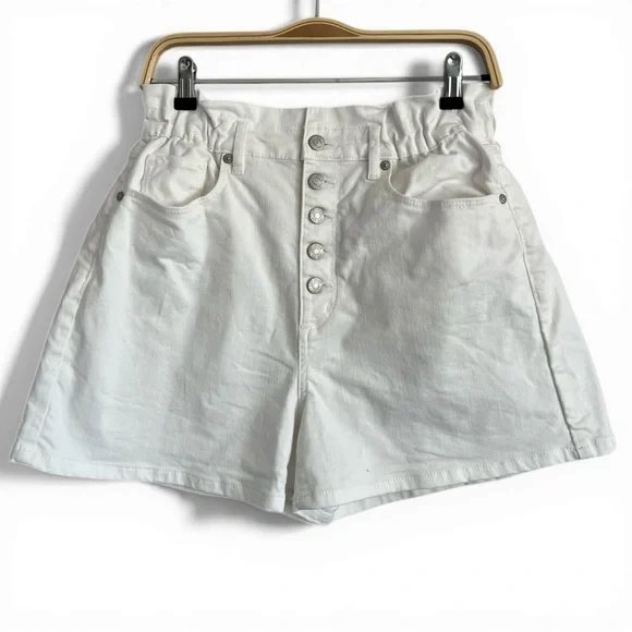 LOFT White Denim Paperbag Waist Shorts High Rise Button Fly Size 6 - Picture 1 of 5